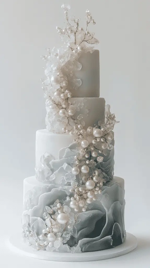 Elegant opalite wedding cake design featuring cascading fondant pearls and translucent isomalt crystals.