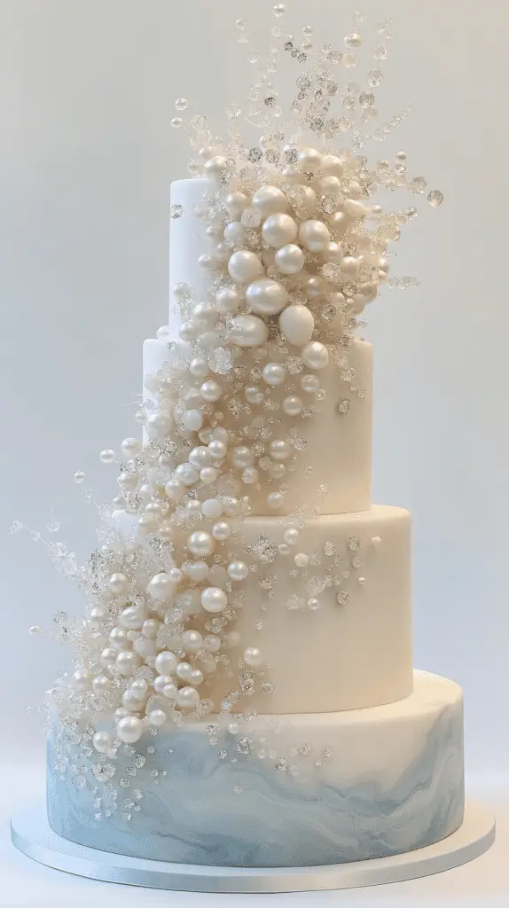 Elegant opalite wedding cake design featuring cascading fondant pearls and translucent isomalt crystals.