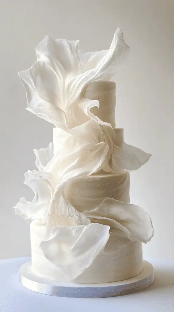 Contemporary opalite wafer paper design with multi-layered translucent veils wrapping around a smooth fondant base.