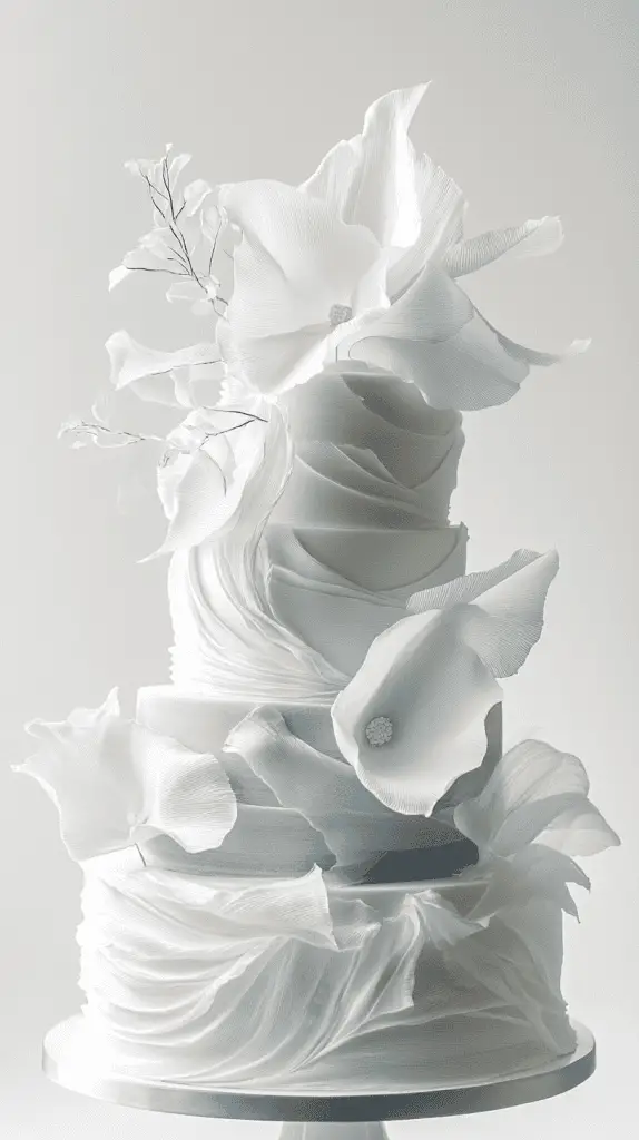 Contemporary opalite wafer paper design with multi-layered translucent veils wrapping around a smooth fondant base.