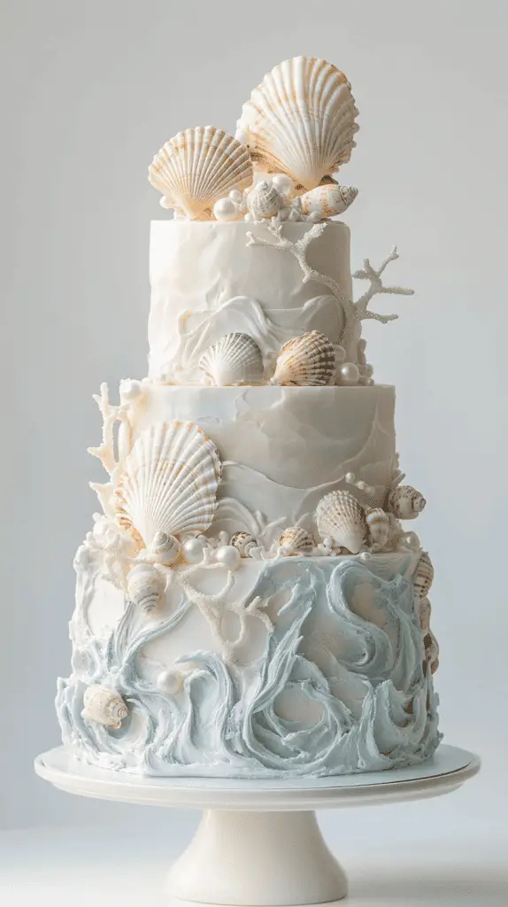 Entire coastal-themed opalite wedding cake adorned with mother-of-pearl seashells, shimmering sugar pearls, and flowing buttercream seafoam patterns.