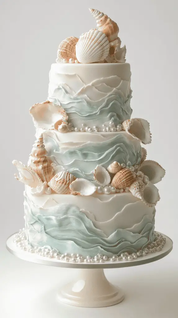 Entire coastal-themed opalite wedding cake adorned with mother-of-pearl seashells, shimmering sugar pearls, and flowing buttercream seafoam patterns.