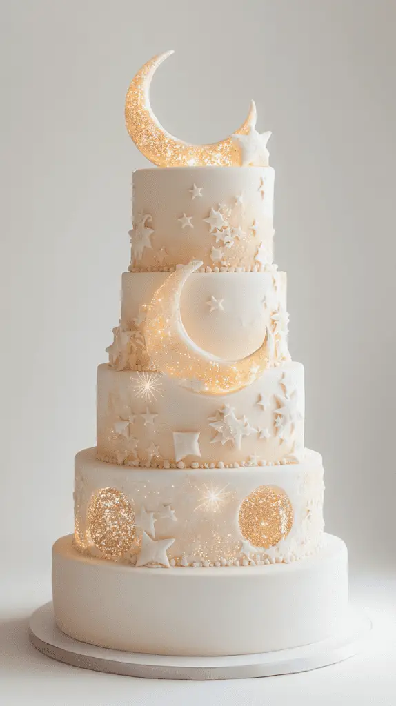 Full cake shot of a celestial opalite wedding design featuring star-shaped opalite accents.