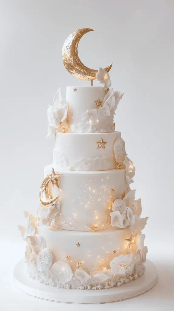 Full cake shot of a celestial opalite wedding design featuring star-shaped opalite accents.