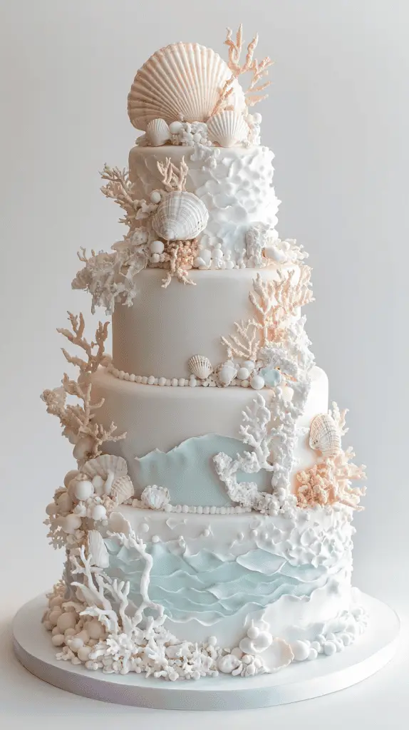 Entire coastal-themed opalite wedding cake adorned with mother-of-pearl seashells, shimmering sugar pearls, and flowing buttercream seafoam patterns.