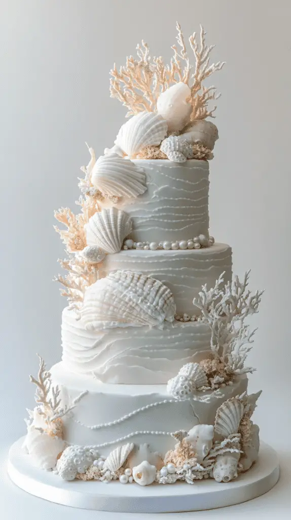 Entire coastal-themed opalite wedding cake adorned with mother-of-pearl seashells, shimmering sugar pearls, and flowing buttercream seafoam patterns.