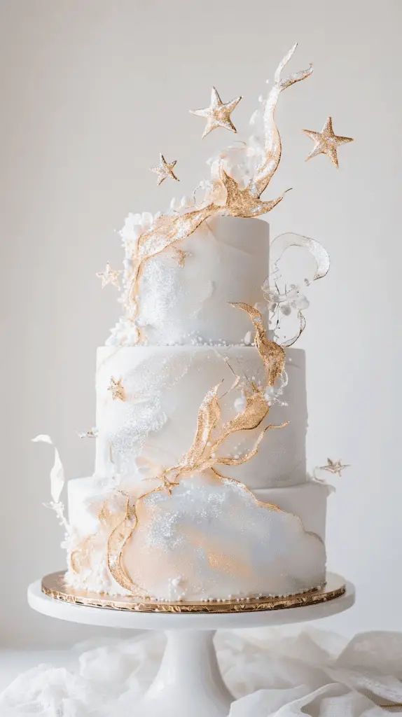 Full cake shot of a celestial opalite wedding design featuring star-shaped opalite accents.
