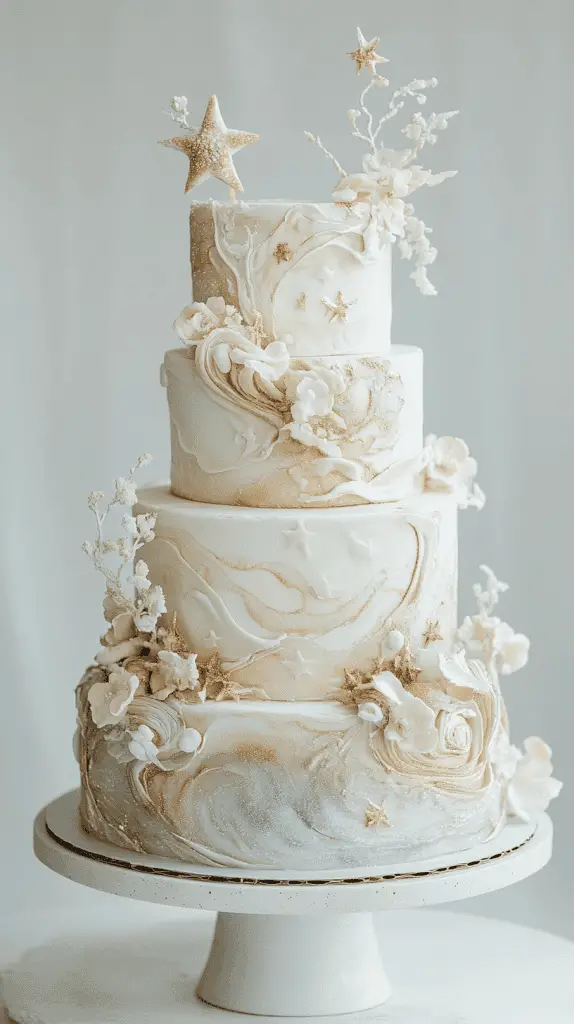 Full cake shot of a celestial opalite wedding design featuring star-shaped opalite accents.