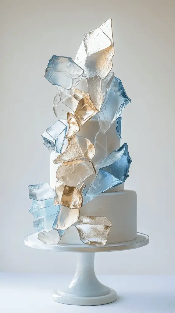 Elegant faceted opalite wedding cake showcasing cushion, emerald, and marquise-cut gemstone designs carved into the fondant.