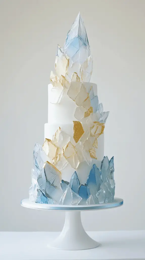 Elegant faceted opalite wedding cake showcasing cushion, emerald, and marquise-cut gemstone designs carved into the fondant.