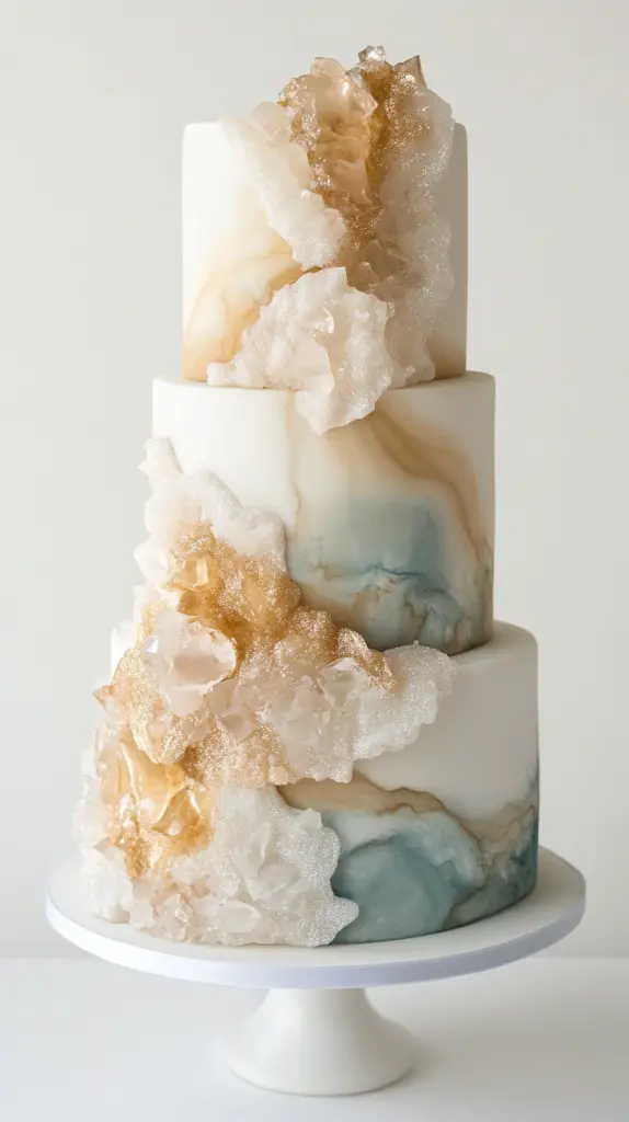 Three-tier opalite wedding cake fully in frame, designed to mimic real opalite gemstone layers with soft watercolor ombre