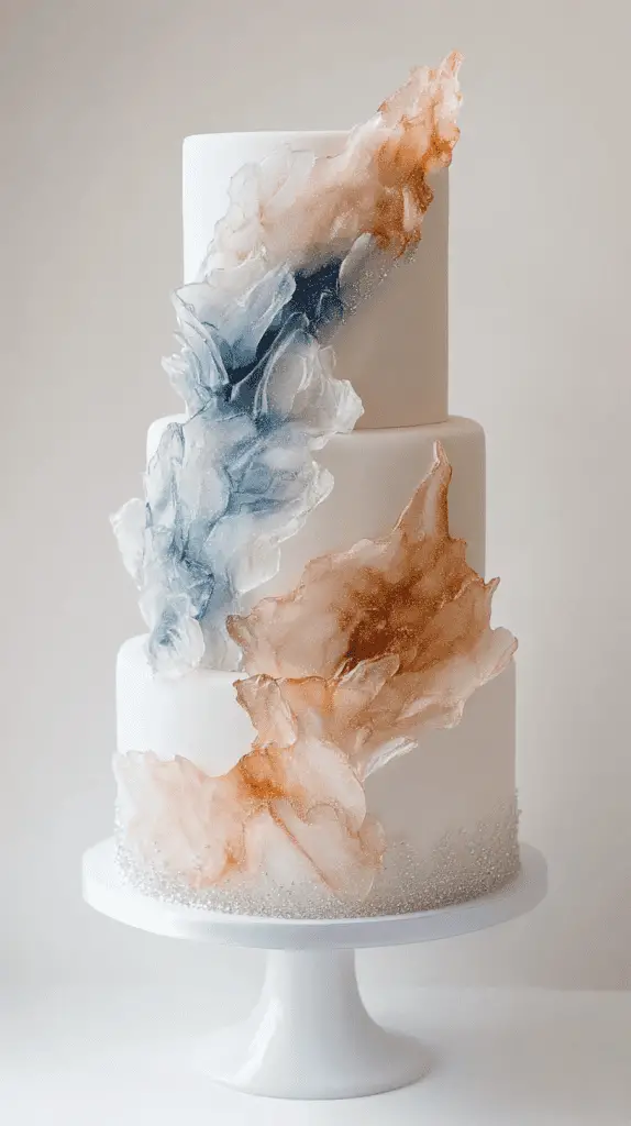 Three-tier opalite wedding cake fully in frame, designed to mimic real opalite gemstone layers with soft watercolor ombre