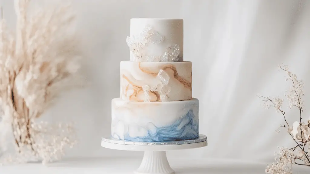 Elegant three-tier opalite-inspired wedding cake showcasing translucent blue and amber hues with soft iridescent shimmer.