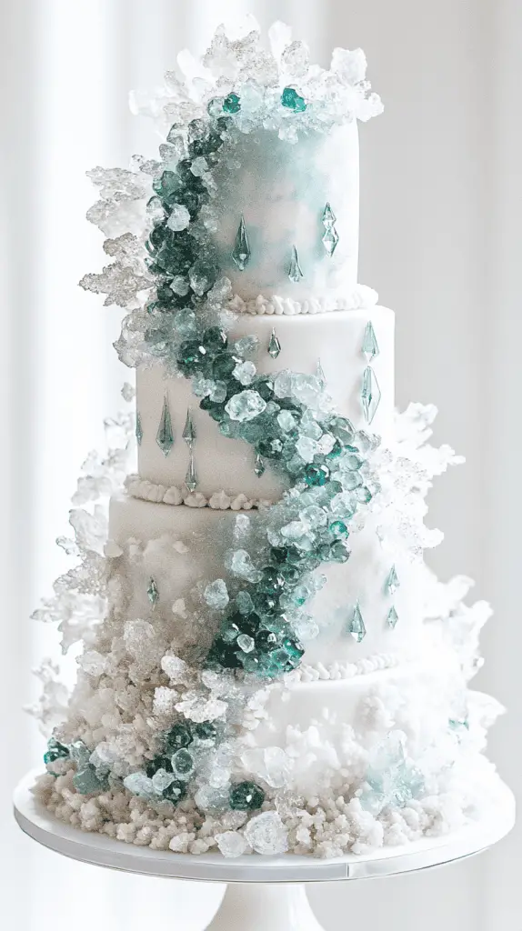 Elegant opalite wedding cake design featuring cascading fondant pearls and translucent isomalt crystals.