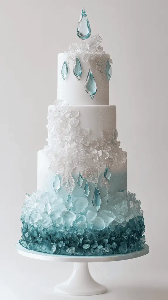 Elegant opalite wedding cake design featuring cascading fondant pearls and translucent isomalt crystals.