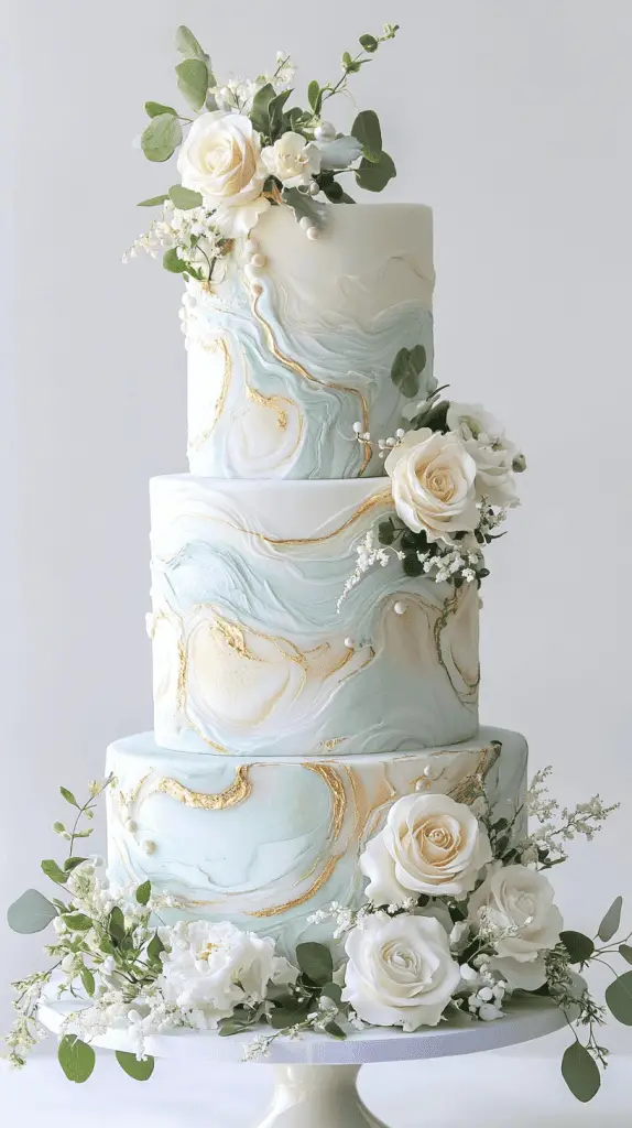 Luxurious opalite-marble wedding cake design with intricate swirling colour patterns created from Swiss meringue buttercream and edible pearl dust.