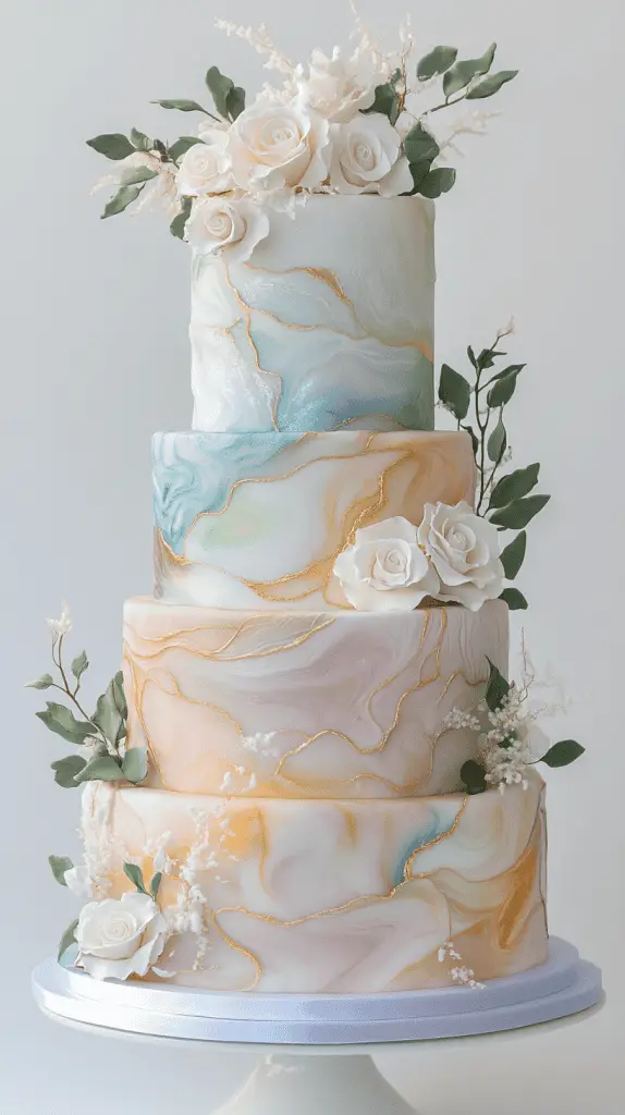 Luxurious opalite-marble wedding cake design with intricate swirling colour patterns created from Swiss meringue buttercream and edible pearl dust.
