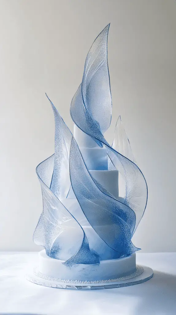 Luxurious opalite sugar sail wedding cake showcasing delicate isomalt panels arranged in geometric balance.