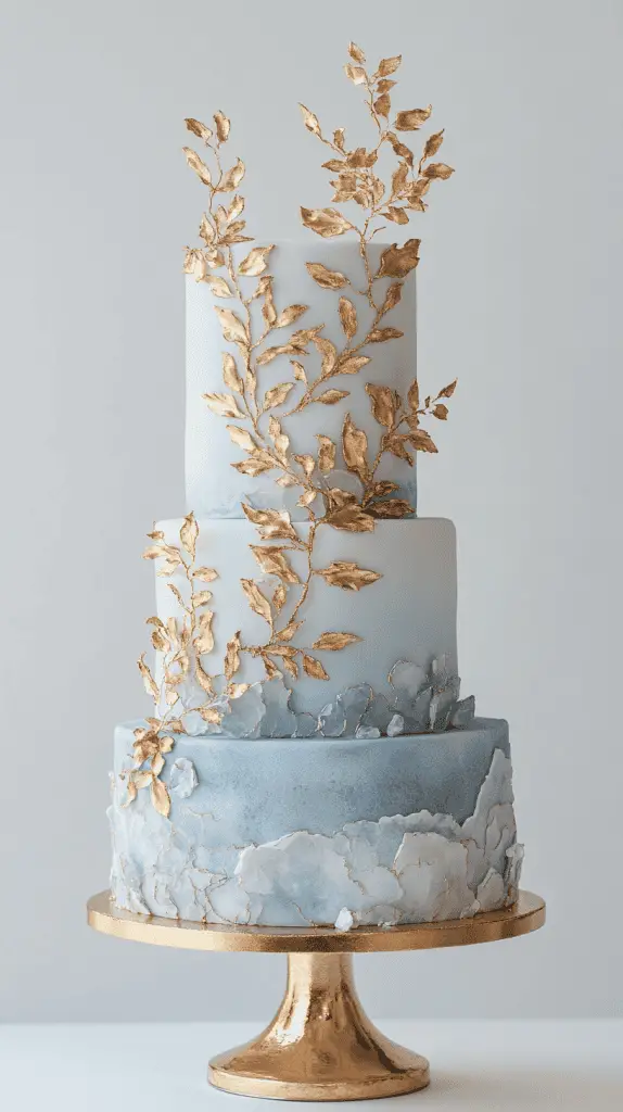 Modern opalite wedding cake with intricate gold leaf detailing across smooth fondant; partial gold flourishes and border highlights enhance the ethereal.