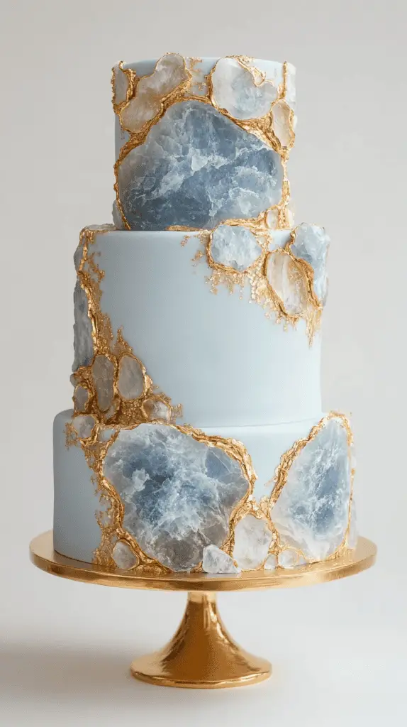 Modern opalite wedding cake with intricate gold leaf detailing across smooth fondant; partial gold flourishes and border highlights enhance the ethereal.