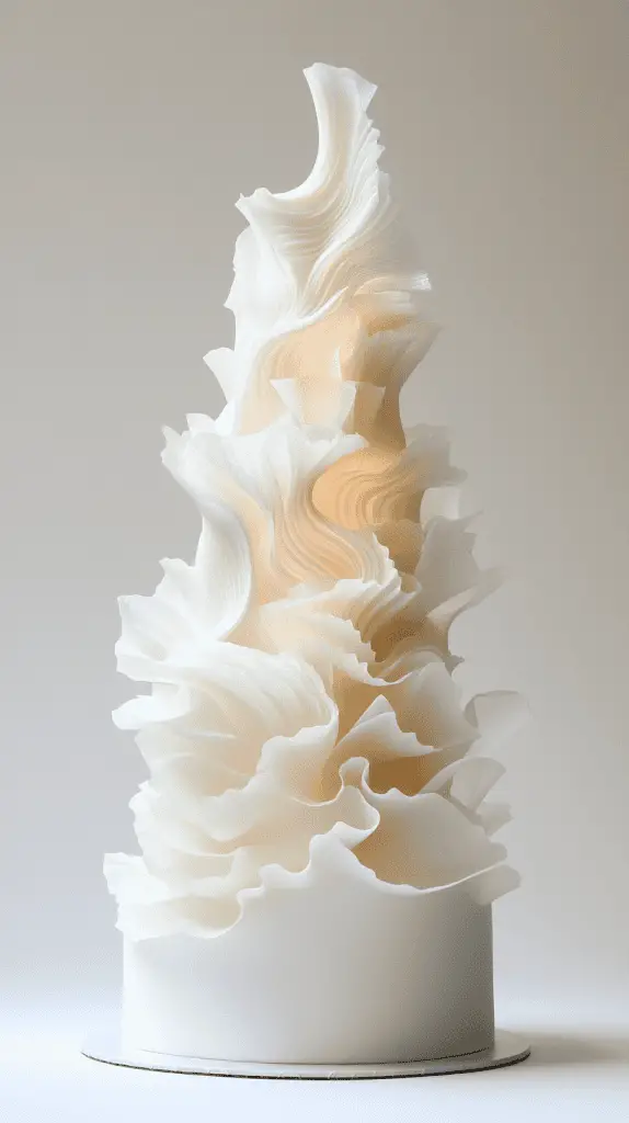 Contemporary opalite wafer paper design with multi-layered translucent veils wrapping around a smooth fondant base.