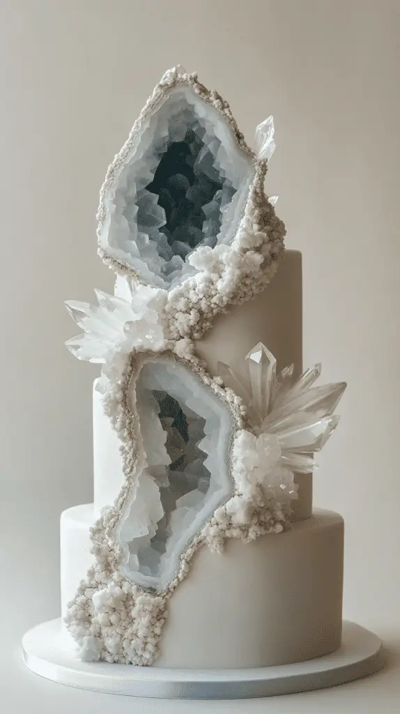 Modern opalite geode wedding cake design with geometric cutout sections filled with layered opalite crystals