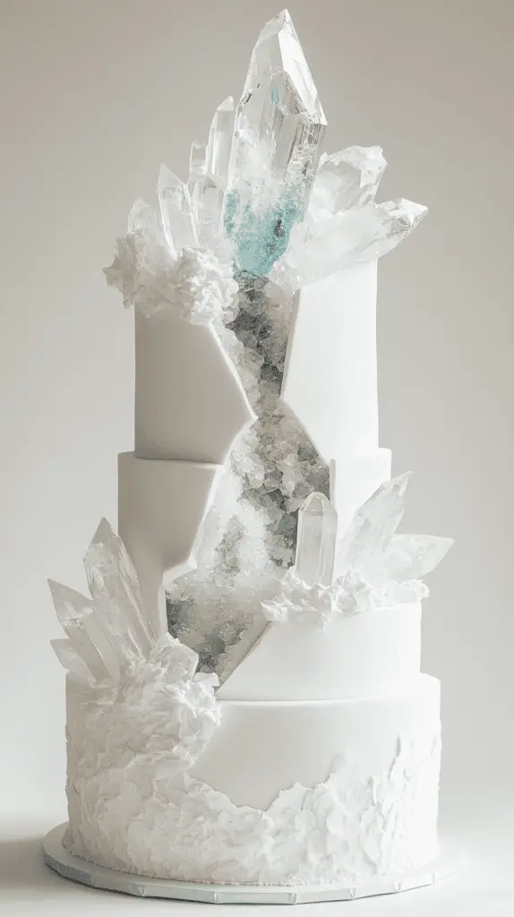 Modern opalite geode wedding cake design with geometric cutout sections filled with layered opalite crystals