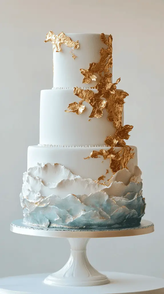 Modern opalite wedding cake with intricate gold leaf detailing across smooth fondant; partial gold flourishes and border highlights enhance the ethereal.