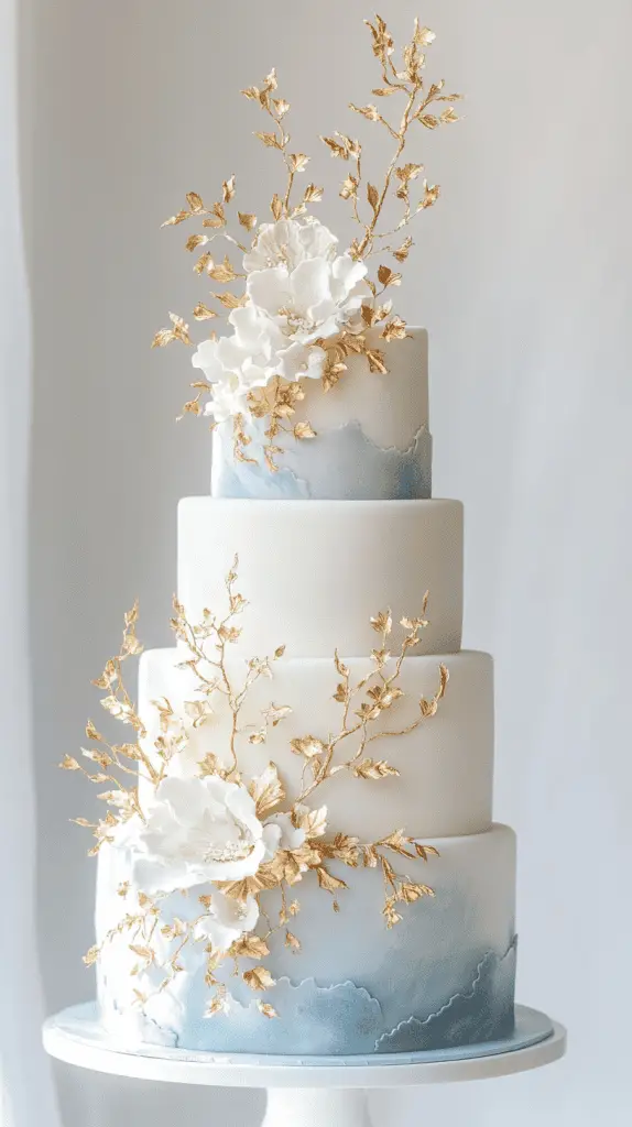 Modern opalite wedding cake with intricate gold leaf detailing across smooth fondant; partial gold flourishes and border highlights enhance the ethereal.