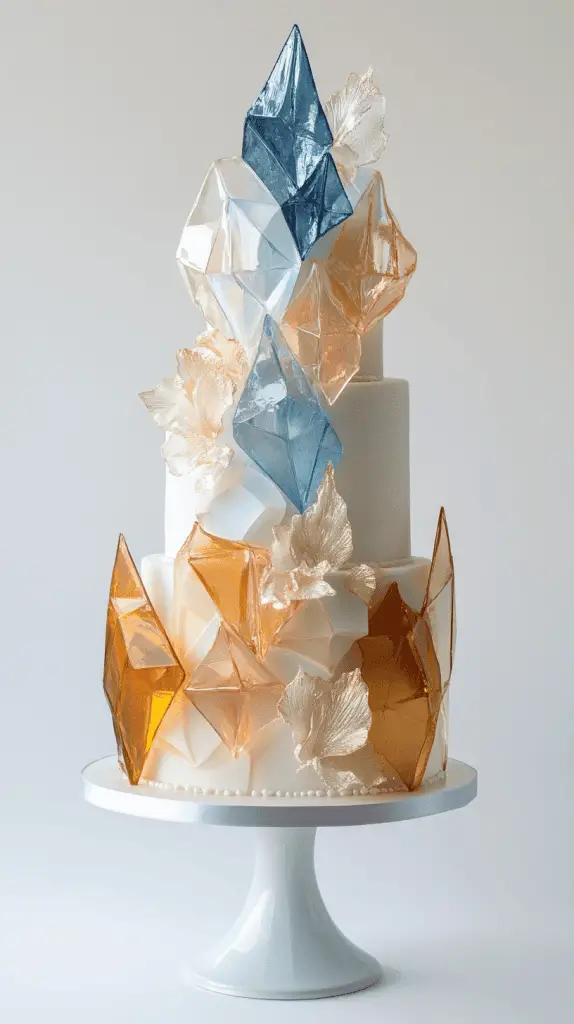 Elegant faceted opalite wedding cake showcasing cushion, emerald, and marquise-cut gemstone designs carved into the fondant.