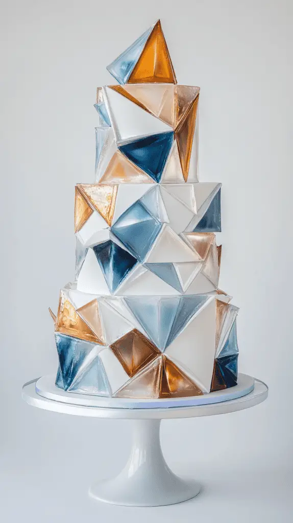 Elegant faceted opalite wedding cake showcasing cushion, emerald, and marquise-cut gemstone designs carved into the fondant.