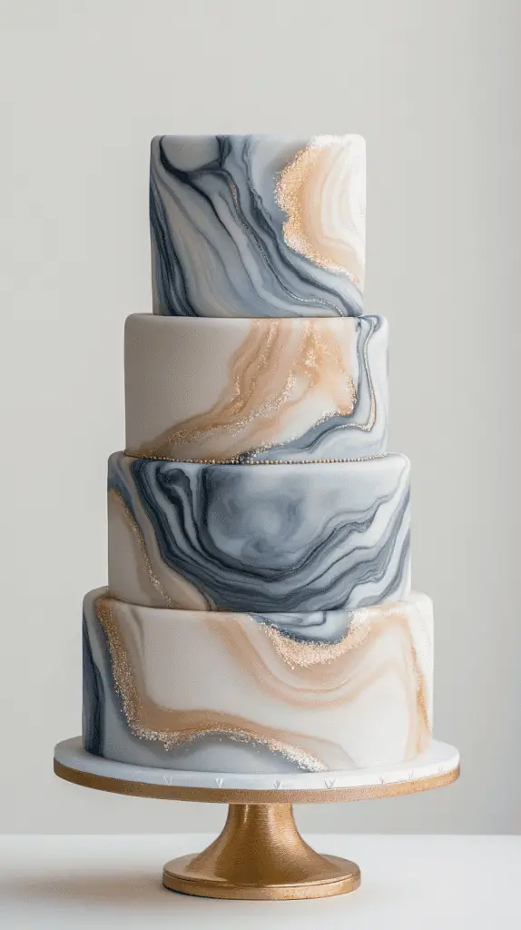 Luxurious opalite-marble wedding cake design with intricate swirling colour patterns created from Swiss meringue buttercream and edible pearl dust.