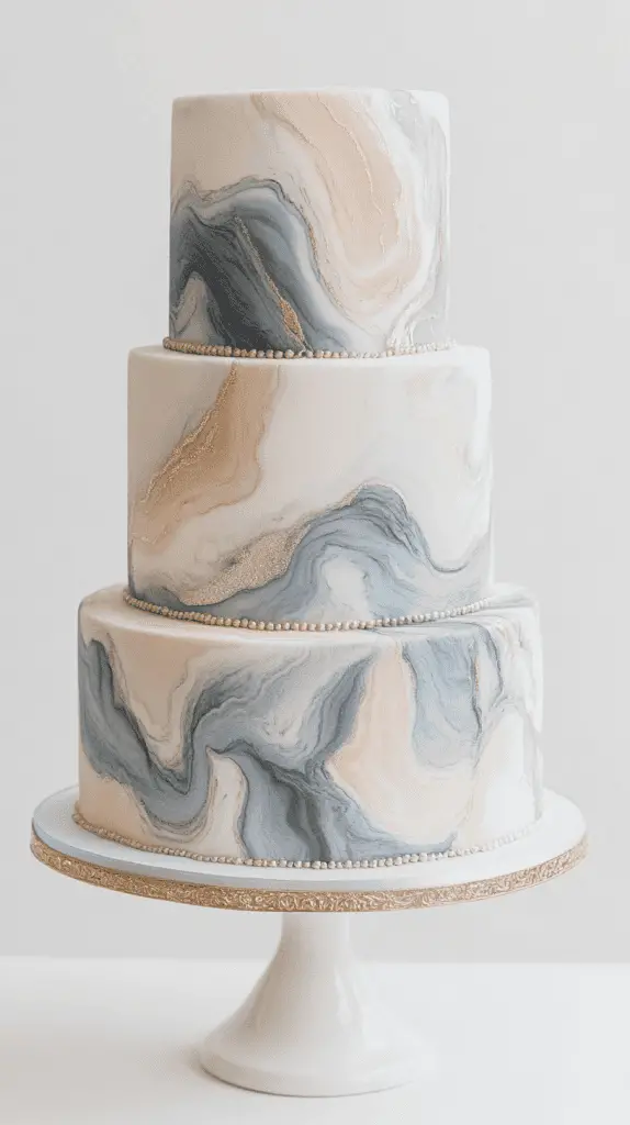 Luxurious opalite-marble wedding cake design with intricate swirling colour patterns created from Swiss meringue buttercream and edible pearl dust.