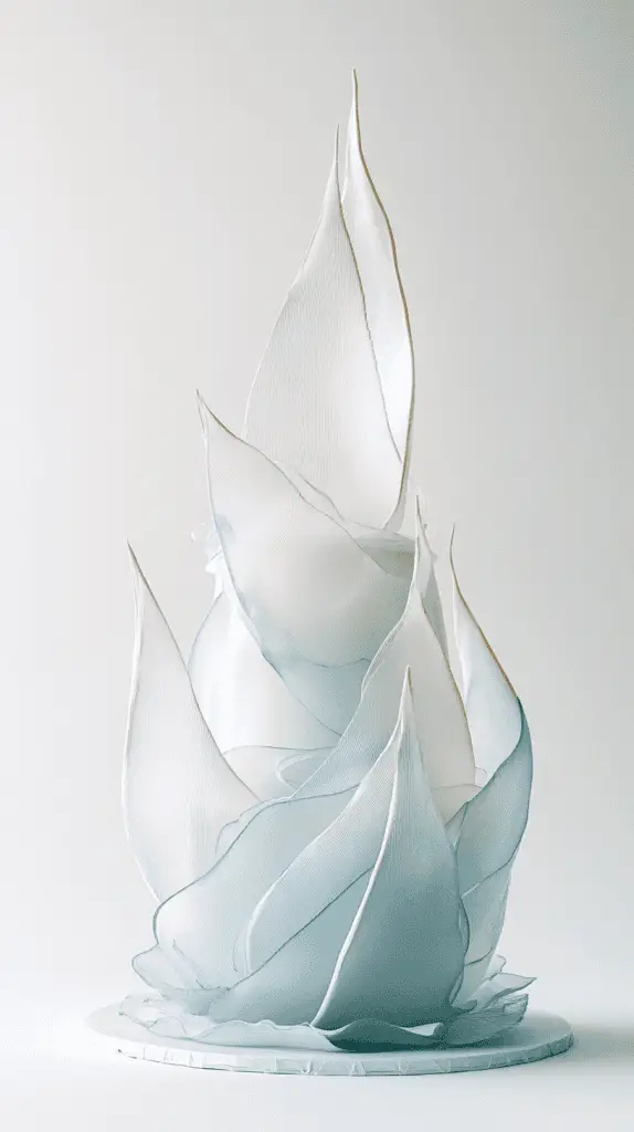 Luxurious opalite sugar sail wedding cake showcasing delicate isomalt panels arranged in geometric balance.