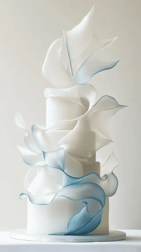 Luxurious opalite sugar sail wedding cake showcasing delicate isomalt panels arranged in geometric balance.