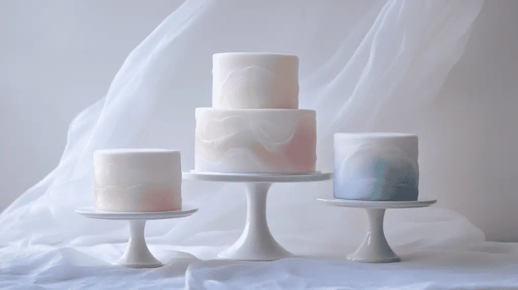 Three-tier opalite-inspired wedding cake featuring a translucent, ethereal finish with soft color-shifting tones.