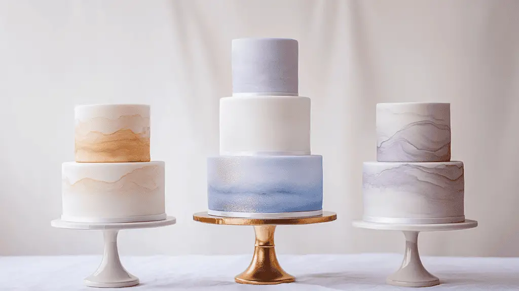 Three-tier opalite-inspired wedding cake featuring a soft gradient palette blending pale blue, pearl white, dusty lavender, and warm amber tones.