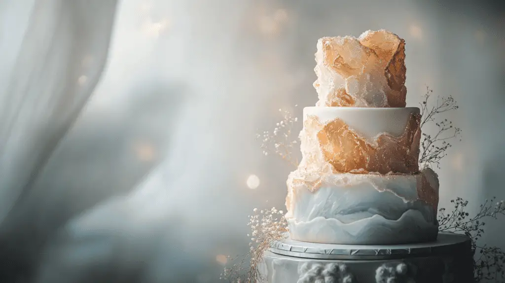 Three-tier opalite-inspired wedding cake with semi-transparent fondant showcasing internal luminosity.