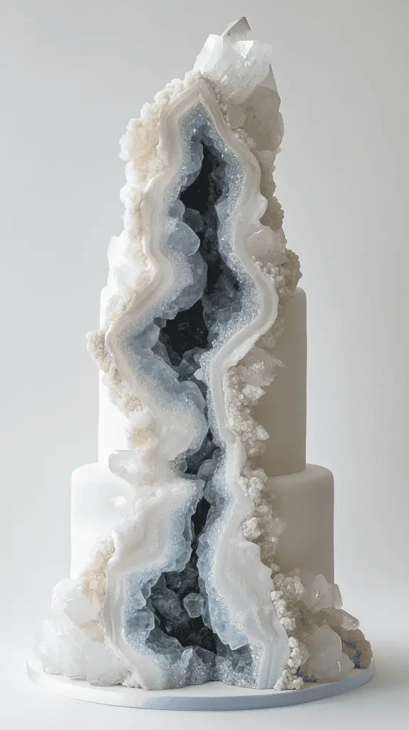 Modern opalite geode wedding cake design with geometric cutout sections filled with layered opalite crystals