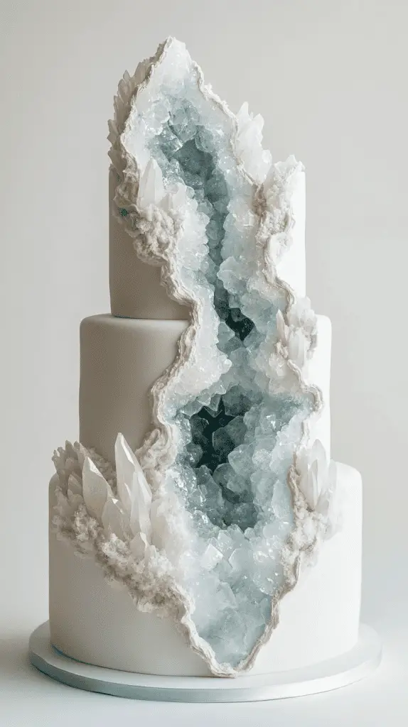Modern opalite geode wedding cake design with geometric cutout sections filled with layered opalite crystals