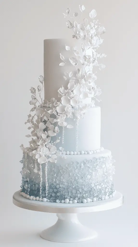 Elegant opalite wedding cake design featuring cascading fondant pearls and translucent isomalt crystals.