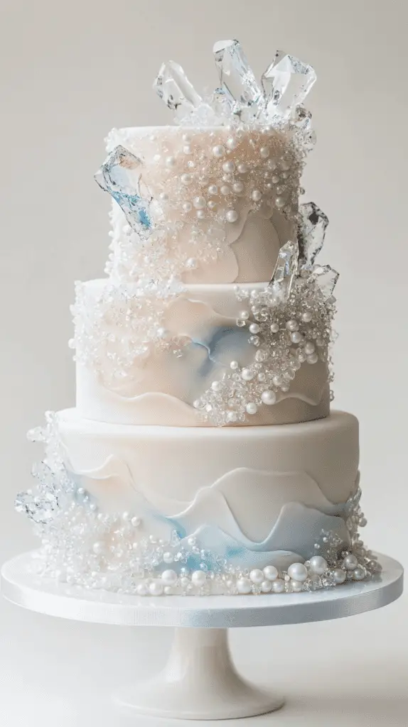 Elegant opalite wedding cake design featuring cascading fondant pearls and translucent isomalt crystals.