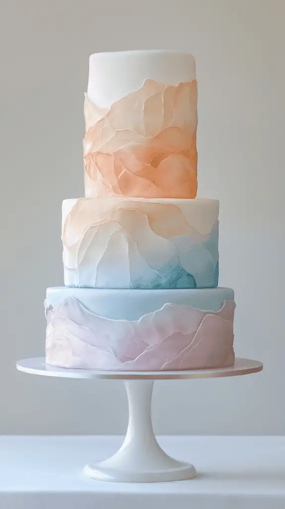 Three-tier opalite wedding cake fully in frame, designed to mimic real opalite gemstone layers with soft watercolor ombre
