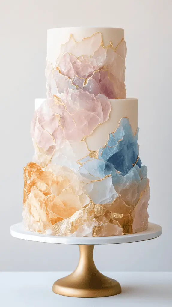 Three-tier opalite wedding cake fully in frame, designed to mimic real opalite gemstone layers with soft watercolor ombre