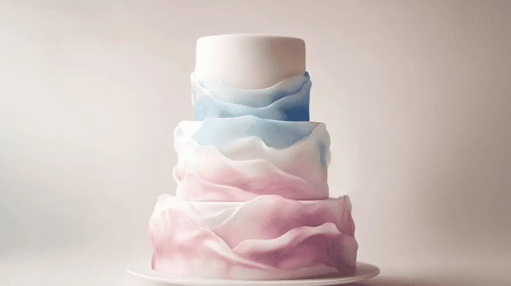 Three-tier opalite wedding cake with smooth fondant finish, soft iridescent glow of milky white, blue, and pink hues, subtle watercolor ombre effect.