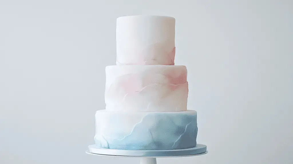 Three-tier opalite wedding cake with smooth fondant finish, soft iridescent glow of milky white, blue, and pink hues, subtle watercolor ombre effect.