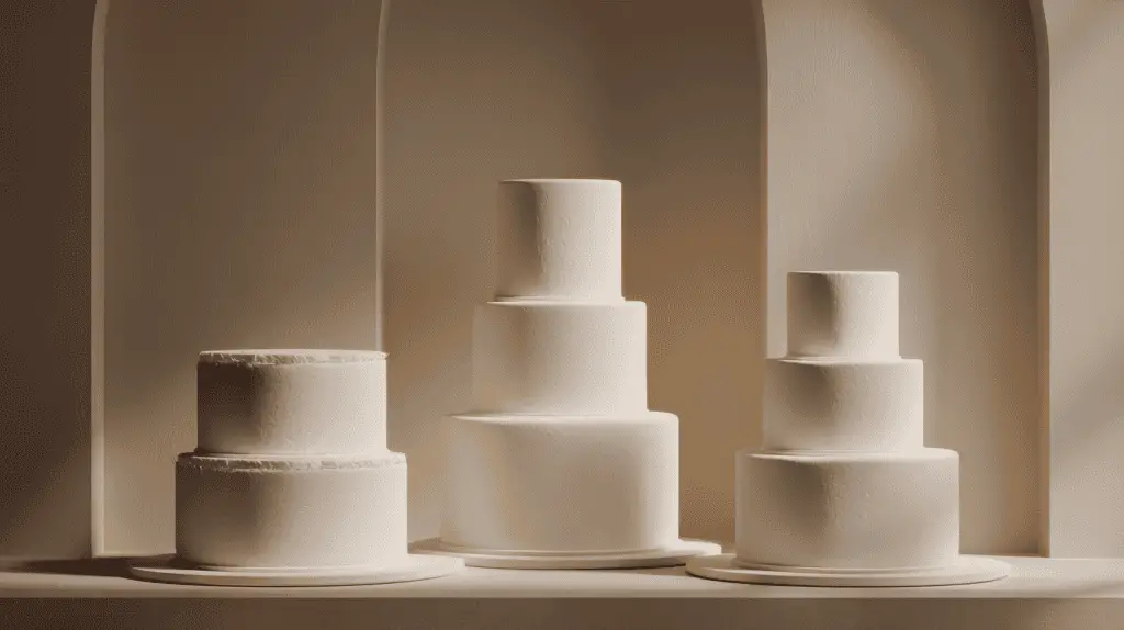 Three minimalist, white tiered cakes of varying heights and designs are displayed side by side against a softly lit, neutral-toned arched backdrop—ideal for exploring cake sizing during your wedding planning.