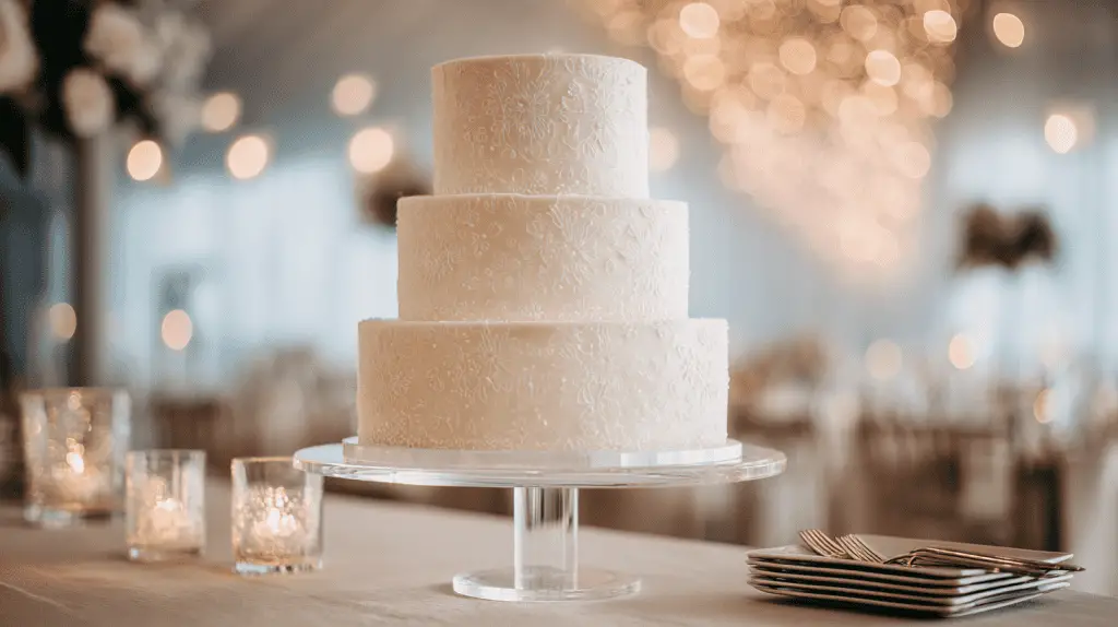 A three-tiered white wedding cake with delicate floral patterns sits on a glass stand, surrounded by candles and plates, in an elegant, softly lit reception hall—perfect for easy sizing and planning of your wedding cake servings.