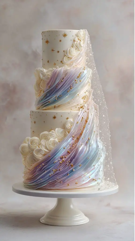 A three-tiered white cake with delicate star decorations, pastel iridescent fondant drapes, and a sheer glittering veil cascading down one side—perfect for those seeking elegant wedding cakes and luxury wedding cake inspiration.