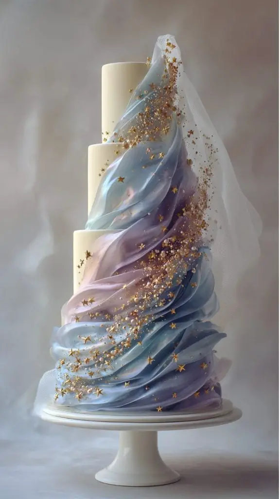 A three-tiered white cake decorated with flowing, pastel-colored icing, gold star-shaped sprinkles, and a sheer white veil is the perfect Luxury Wedding Cake, displayed on a white stand against a soft, neutral background.